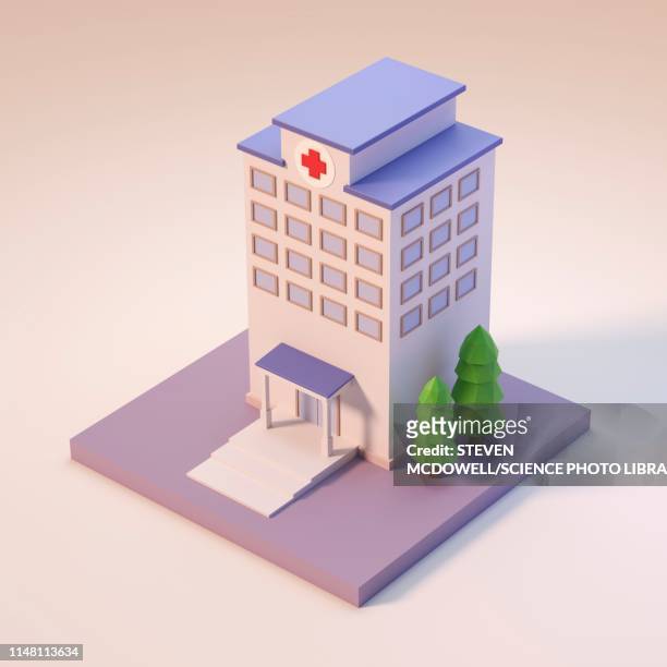 Computer illustration of a hospital, in low poly style.